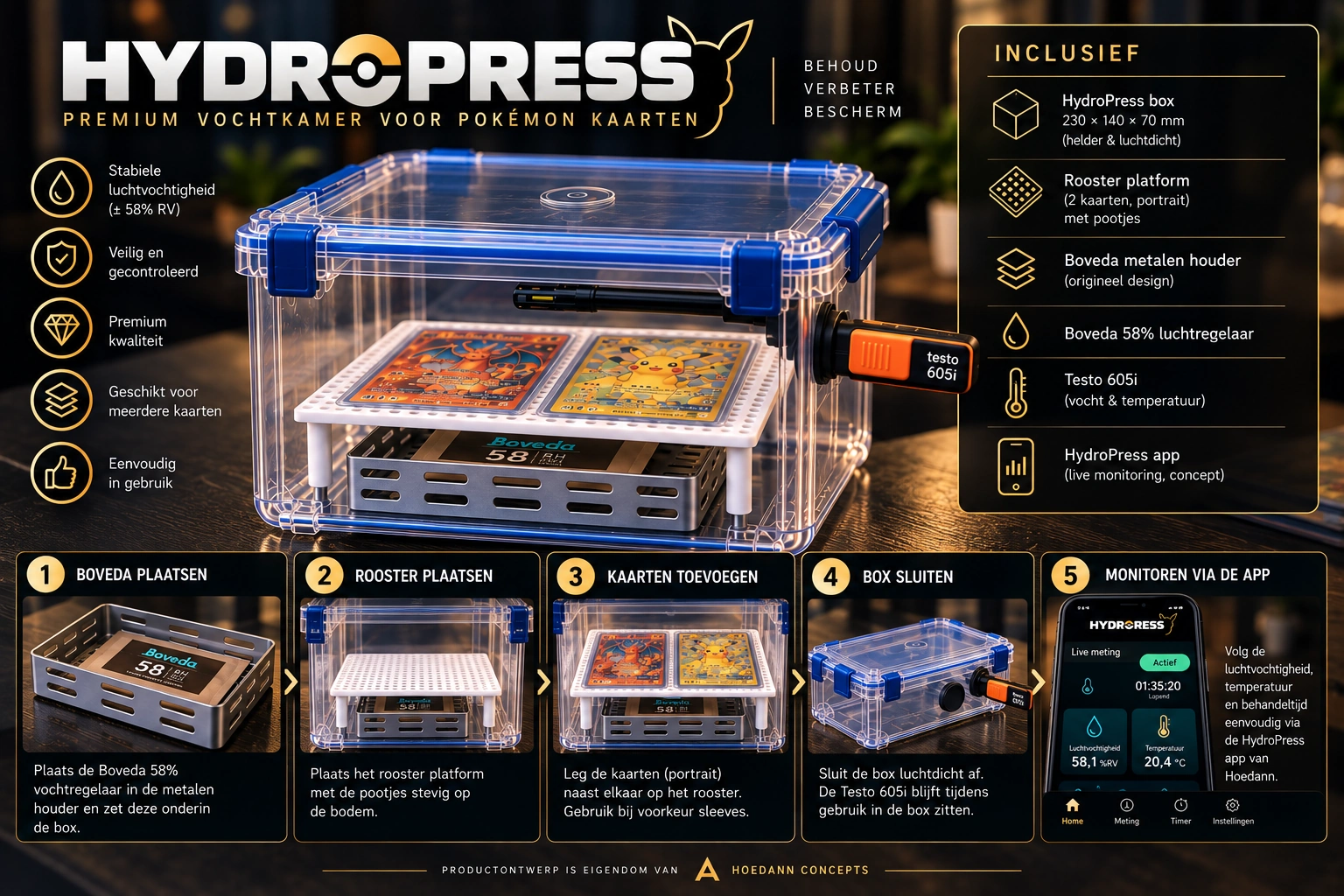 HydroPress eigen productontwerp van Hoedann Concepts: vochtkamer met externe Boveda- en Testo-componenten en concept-app